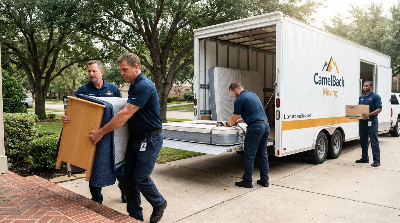 Crew loading residential truck for cross-state move from Austin, IN