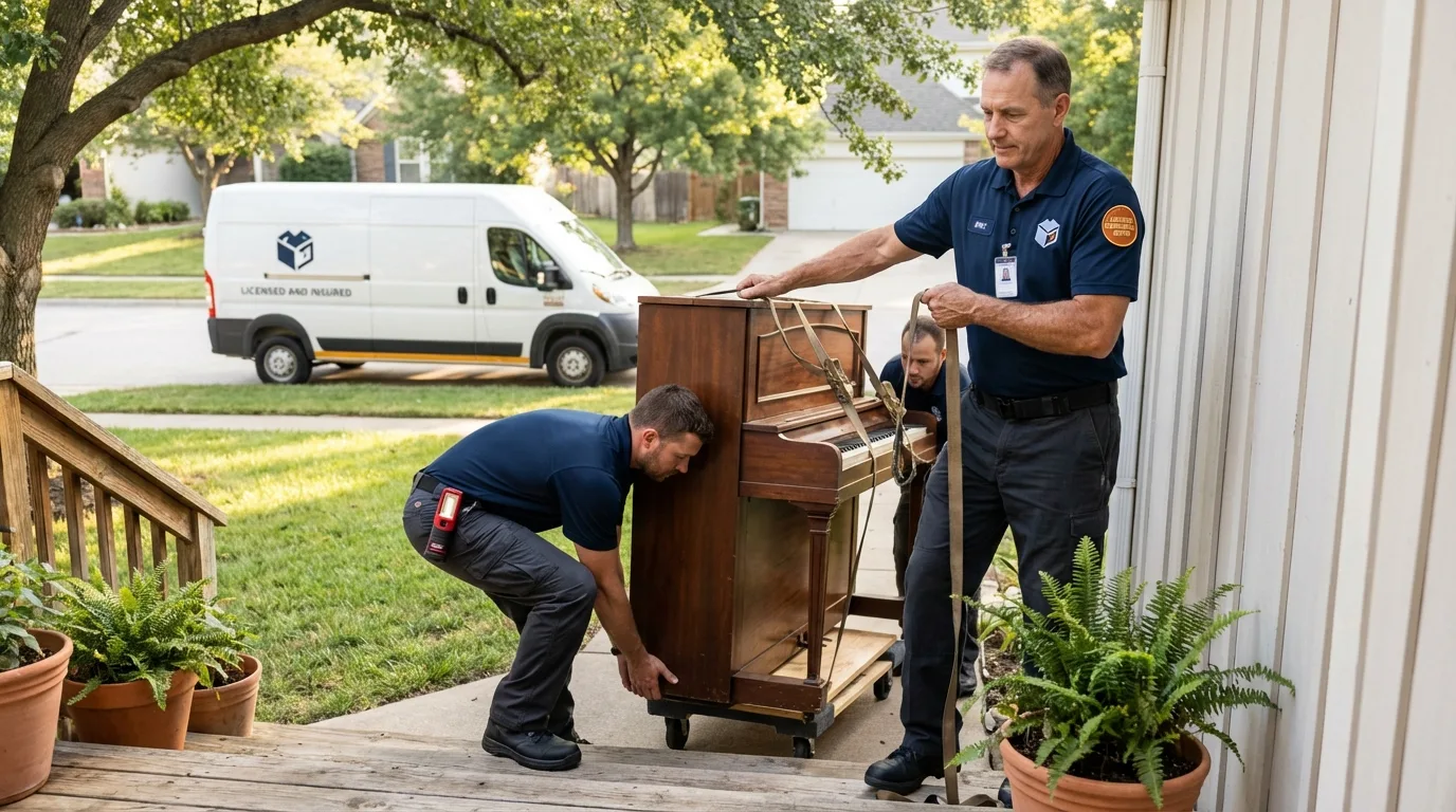 Licensed piano movers securing grand piano in Austin, IN