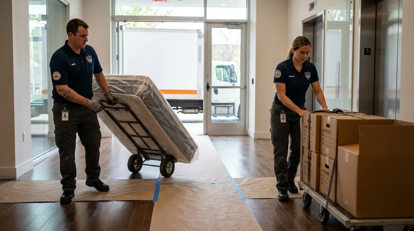 Professional apartment movers loading elevator in Austin, IN
