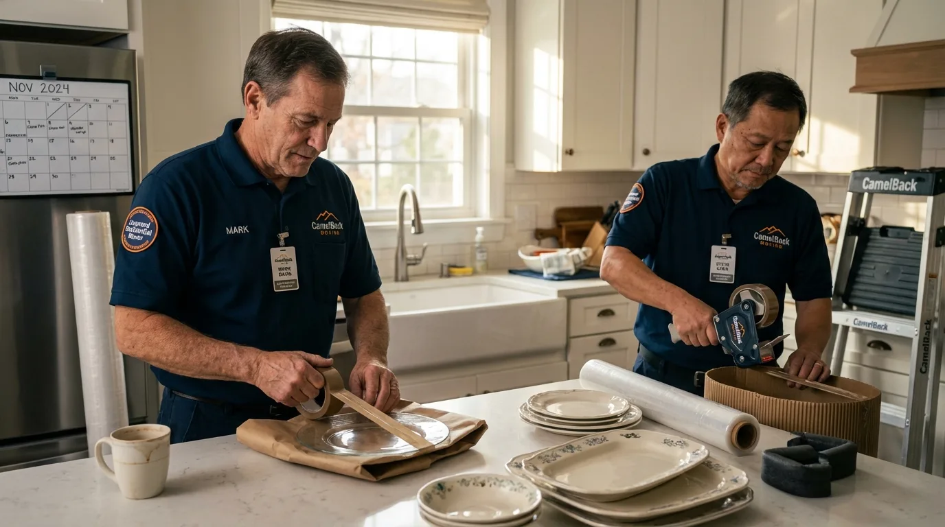 Professional crew packing kitchen dishware in Austin, IN